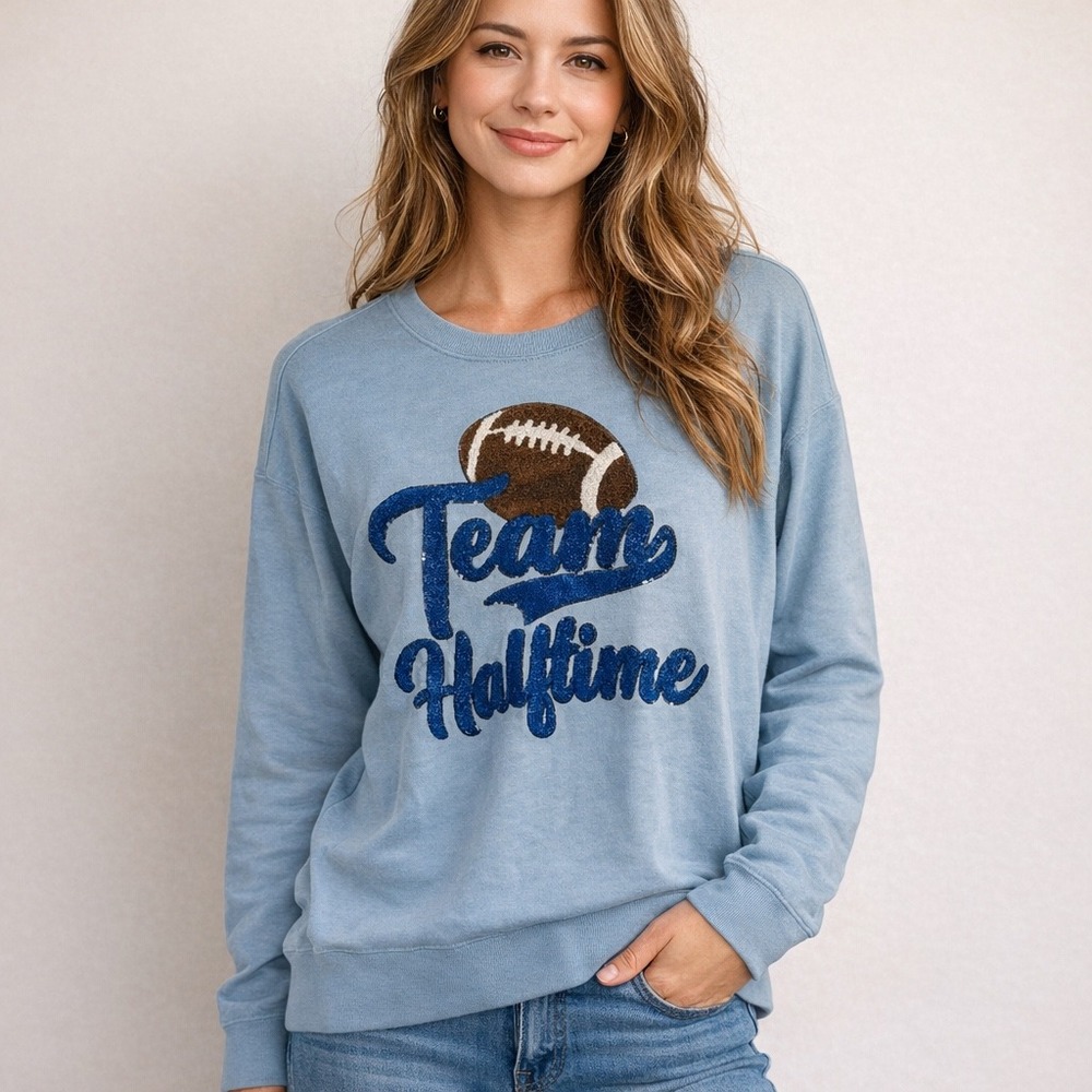 NWT Anneliese Team Halftime Football Sequin Chenille Sweatshirt Blue Womens 2X